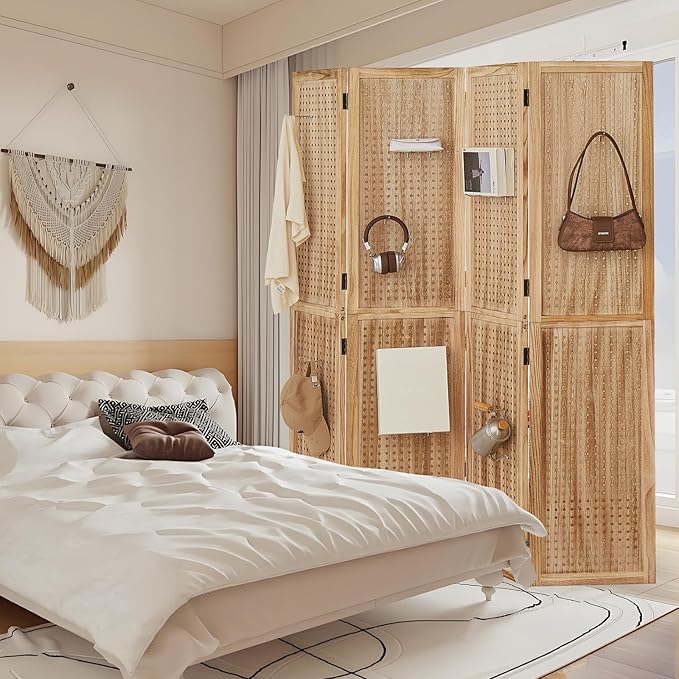Leesinwing 4 Panel Wooden Room Dividers, 5.6FT High Plug-in Folding Screen Made of Natural Wood, Pegboard Display for Bedroom and Shopping Malls and Jewelry Stores, Light Brown