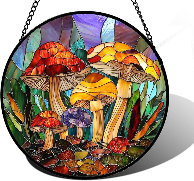 DASTOLL Stained Glass Window Hanging, Jungle Mushrooms Sun Catchers Diamond Glass Panel Hangings Plant Suncatcher Decor for Birthday for Women, Men, Wife, Aunt, and Mom 7.8 in