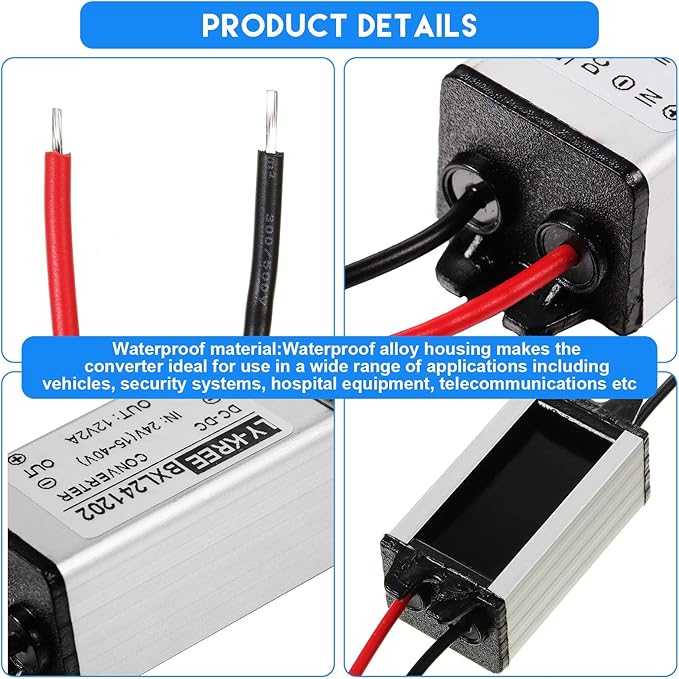 2 Pcs Dc 24v to 12v 2a 24w Step Converter Voltage Reducer Regulator Down Waterproof Dc 24v to 12v Buck Boost Converter for Golf Cart,Accept Dc15-40v Inputs(2 Pieces)
