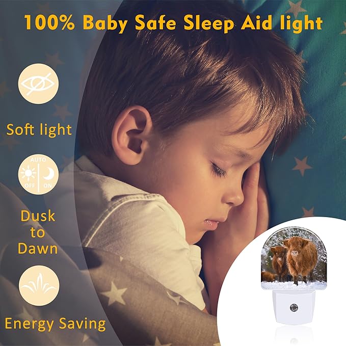 sndheke Highland Cow Night Light for Kids, Winter Wild Animals Night Light Plug in with Dusk to Dawn Sensor, 0.5w Energy Saving Sleep Friendly Nightlight for Hallway Stairway Kitchen Bedroom