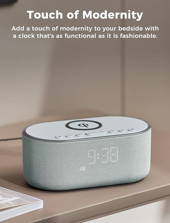 Odokee Wireless Charging Alarm Clock Radio: Qi Certified Fast Wireless Charger for iPhone Samsung - 10W Stereo Bluetooth Speaker - Dimmable Digital Clock with FM Radio for Bedroom Cloud Blue