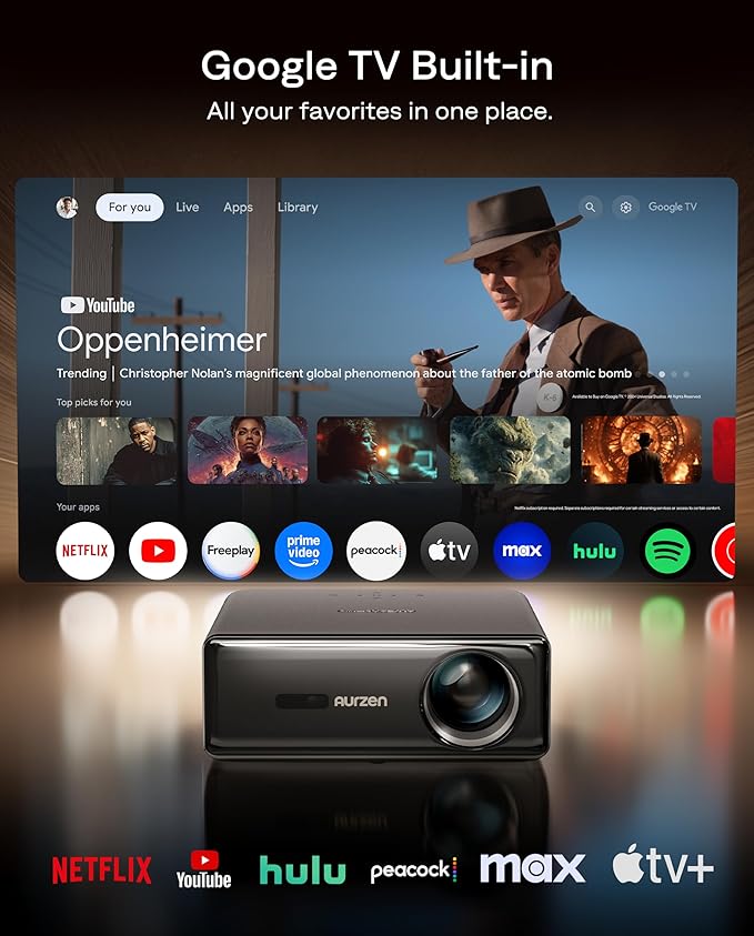 Aurzen EAZZE D1 MAX Upgraded Google TV Smart Projector 4K Supported, 1000 ANSI Lumens, MEMC Tech, Fully Automatics, 20W DoIby Audio, Home Theater Movie Projector with WiFi and Bluetooth, Black