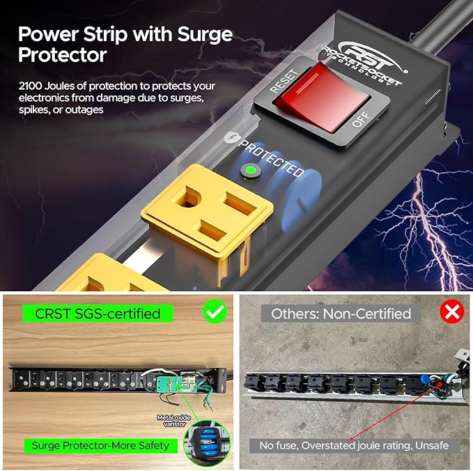CRST 6 Outlet Surge Protector Power Strip 2100J with Switch, 15A/1875W Metal Heavy Duty Power Strip, Wide Spaced Wall Mount Power Bar for Garage Workshop Home School, 6 FT Cord（ Black+Yellow）
