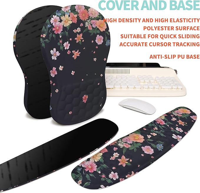 KUOSGM 2-in-1 Ergonomic Set, Wave Rise Keyboard Wrist Rest and Massage Bulge Slope Mouse Pad Wrist Support, Cushion Memory Foam Integrated to Relieve Wrist Pain, Flower Dance