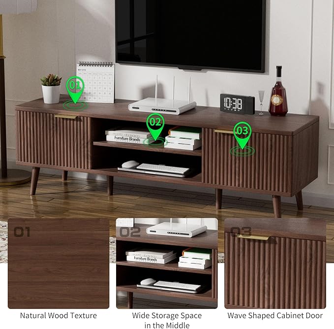 SHGJ&SOFT Storable TV Stand 65 Inch,Mid Century Modern TV Console Two Cabinet Doors with Open Partition in The Middleby by Wooden for Living Room,Bedroom. (Brown, 1PC)