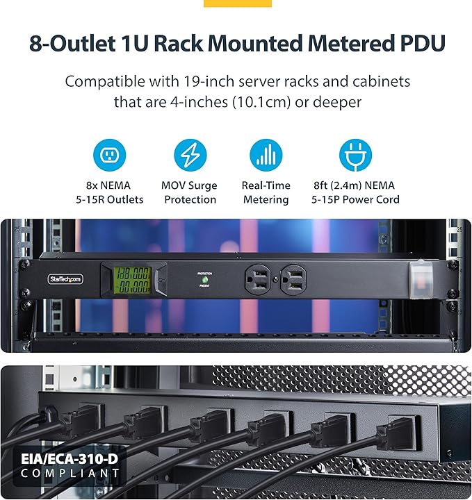 StarTech.com 8-Outlet Horizontal Rack Mount Metered PDU, 1U Server Power Strip w/Surge Protector, 8ft (2.4m) Power Cable, TAA