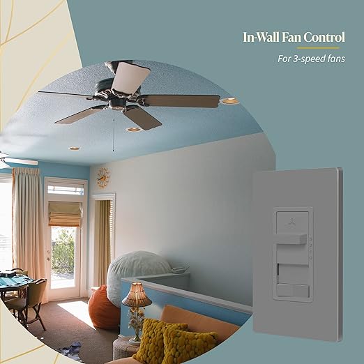 TOPGREENER Kalide Light Switch and 3-Speed Ceiling Fan Control Combo, in Wall Light and Fan Combination Switch, Single Pole, 2.5A, 720W, Neutral Wire Not Required, TGSFS3-GY Gray (Grey)