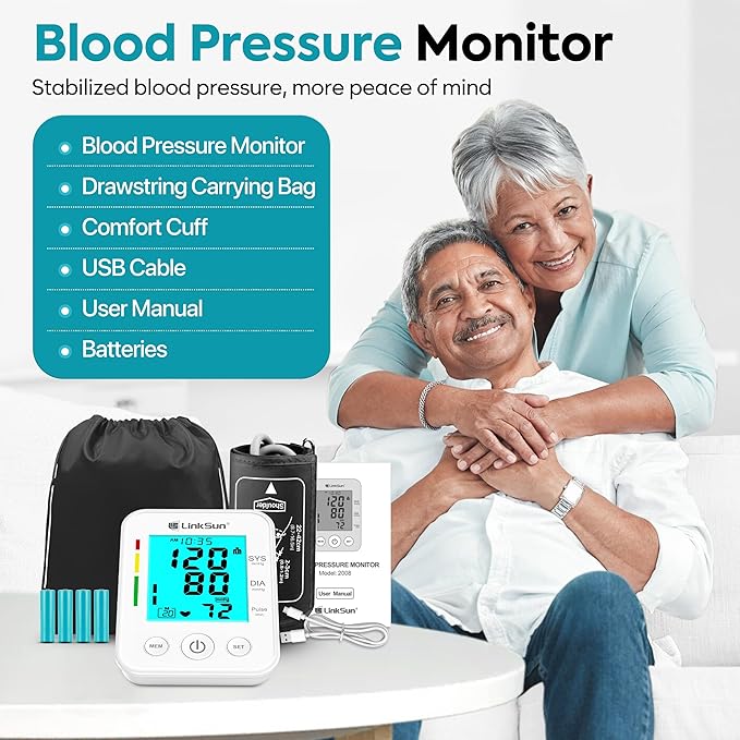 LinkSun Blood Pressure Monitor for Home Use with Large Upper Arm Cuff, Rechargeable Blood Pressure Machine with 100 Memory Recalls for 2 Users, Large LCD Screen, Charging Cable - 2008