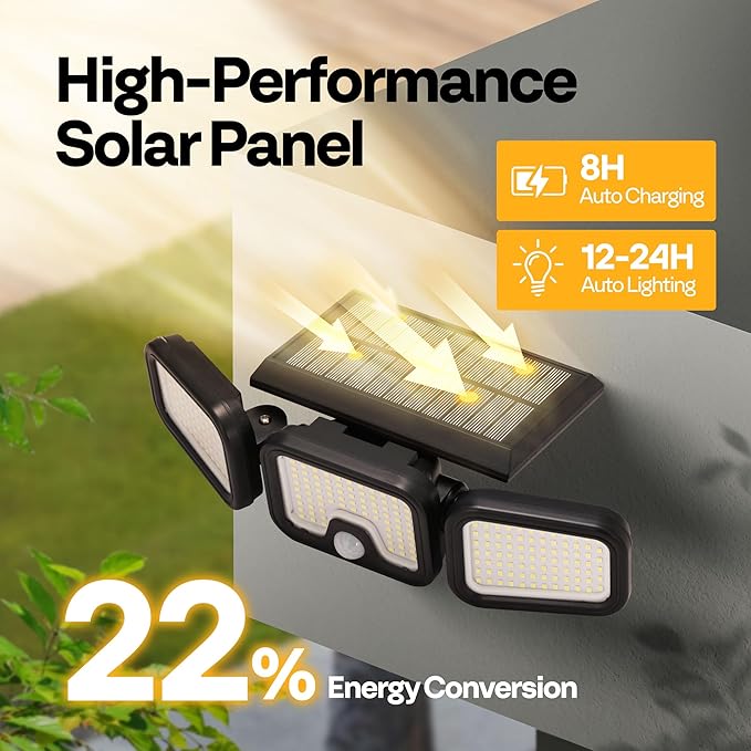 VIVOHOME Solar Flood Lights Outdoor, 256 LED 2500LM Motion Sensor Lights, 3 Adjustable Heads Security Lights, IP65 Waterproof, 270° Wide Lighting Angle Solar Powered Lights for Porch, Yard