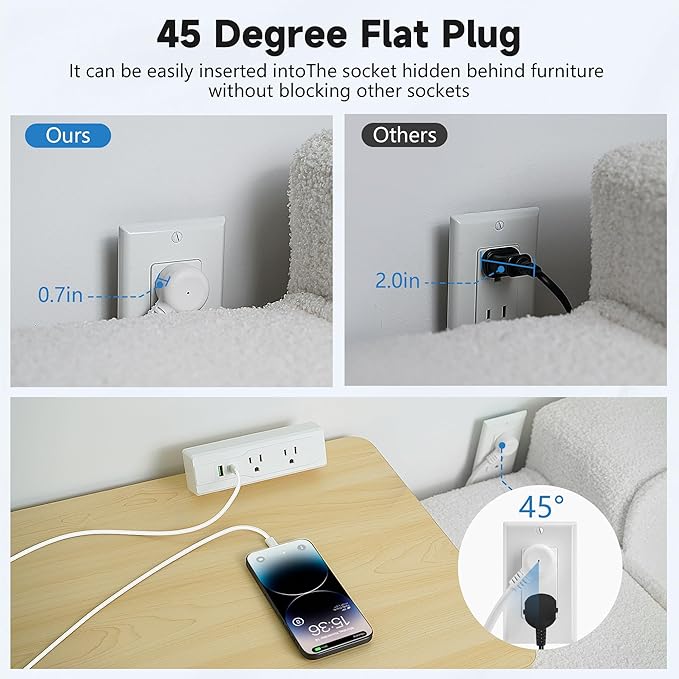 Desk Clamp Power Strip with 10Feet Extension Cord,45 Degree 3-Prong Thin Flat Plug, 2 Widely Spaced AC Outlets,2 USB Port (20W PD USB-C & 18W QC3.0 USB-A) Desk Edge Mount Power Strip,16AWG, ETL Listed