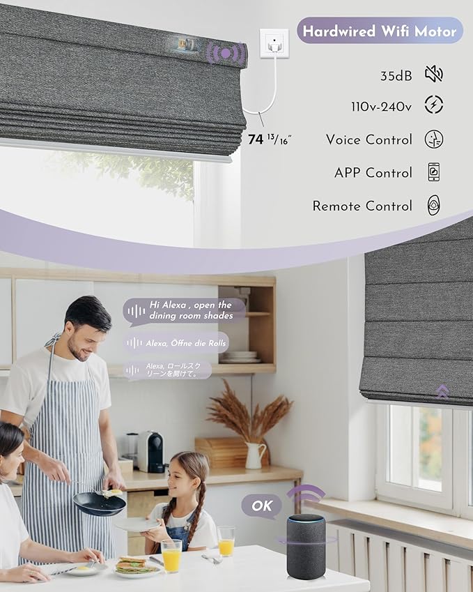 Graywind Smart Roman Shades Compatible with Alexa Google WiFi Hardwired Automatic Blinds with Remote Blackout Plain Fold Soft Roman Window Shades for Windows Doors, Custom Size (Textured Black)