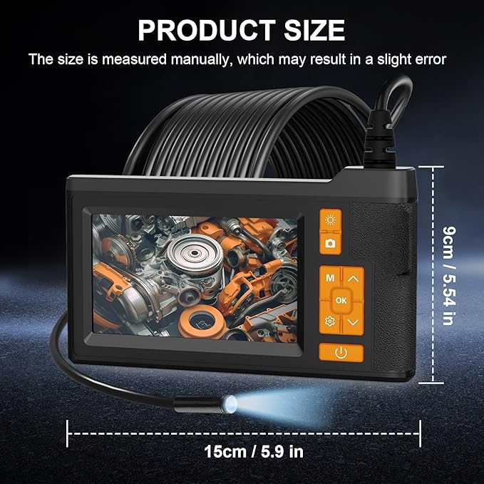 Borescope Inspection Camera with Light – 4.3" Display, 16FT Semi-Rigid Cable, IP67 Waterproof Endoscope for Pipe, Engine & HVAC