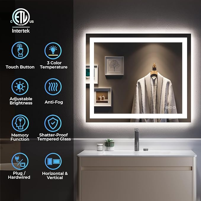 YEELAIT 28x36 Inch LED Bathroom Mirror with Lights Front and Backlit Lighted Vanity Mirror for Bathroom Wall with 3 Colors Dimmable Anti-Fog Memory Shatter-Proof IP54 Waterproof Horizontal/Vertical