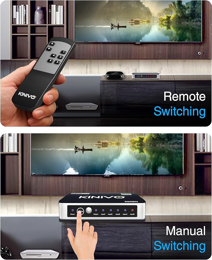 Kinivo HDMI Switch 5 in 1 Out 4K 60Hz (HDR 10, High Speed 18Gbps, IR Remote, HDCP2.2, Dolby Vision, VRR) - 550BN Switcher Compatible with Roku, PS5, Xbox, Apple TV, Nintendo Switch 2, Cable Box