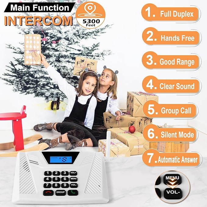 Intercoms Wireless for Home, Full Duplex Hands-Free Intercom, 5300ft Long Range Intercom System, Group Call and Auto Answer, 2 Code 9 Channel for House Office Hospital (2 Pack)