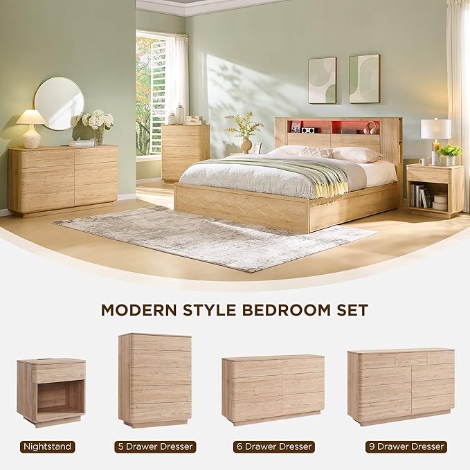 JXQTLINGMU 5 Drawer Dresser for Bedroom, 42" Tall Modern Wood Dressers, Push-to-Open Chest of Drawers for Closet Organizers & Storage, Curved Profile Design,Natural Oak