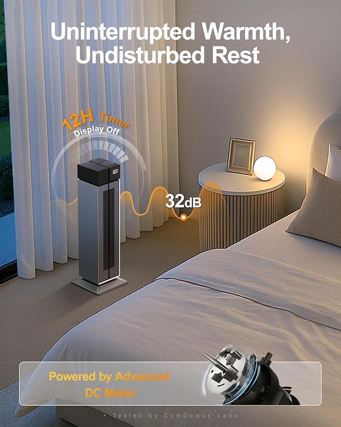 ComDomus Electric Heaters for Indoor Use, 25” Space Heater Large Room with 120° Oscillation, 3 Heat Levels, 3 Modes, Multiple Safety Protections, 12H Timer, Silver Ceramic Tower Heater for Bedroom