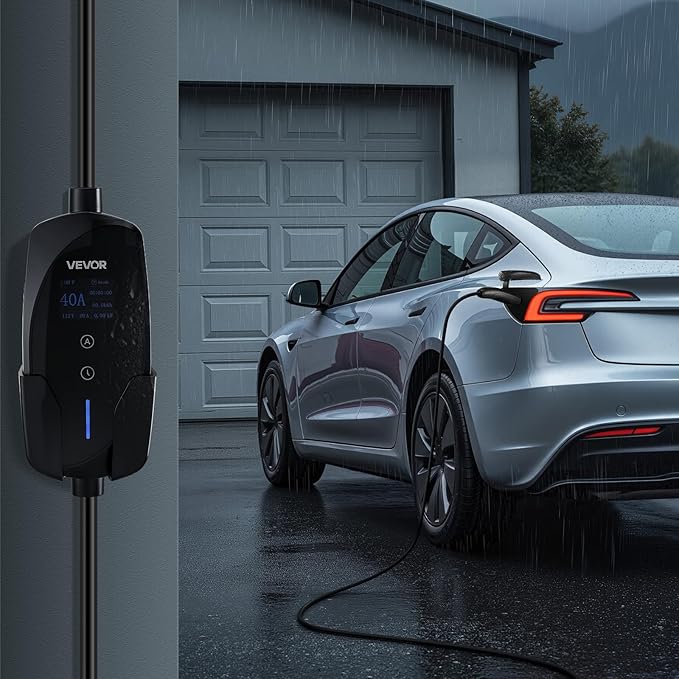 VEVOR Level 2 Tesla Charger, 40 Amp Adjustable Current, 240V Portable Home Electric Car EV Charger with 25 ft Charging Cable, NEMA 14-50P Plug, LCD Display, NACS Connector, for Tesla Model Y/X/3/S