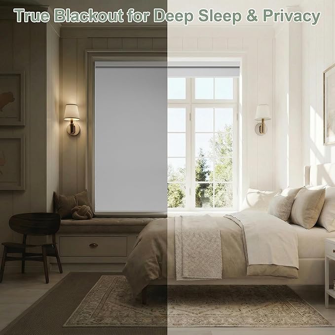 ZSHINE Motorized Blackout Window Blinds Customize Width (23-95 Inches) Remote Control Wireless and Rechargeable Roller Shades Blinds for Windows, Home, Office, Hotel, Club, Restaurant(82010G)