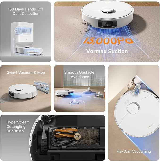 DREAME D20 Pro Plus Robot Vacuum, 13,000Pa Suction, DuoBrush for Pet Hair, Corner Cleaning, Self Emptying, LDS Navigation Laser Avoidance, Vacuum Mop, Hard Floors&Carpets, 5,200mAh Battery White