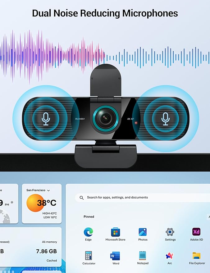 RUWBY UHD 4K Webcam with Built-in Dual Mics, Wide-Angle Lens, Privacy Cover, Tripod Stand, Autofocus Computer Camera, Plug and Play for Desktop PC or Laptop