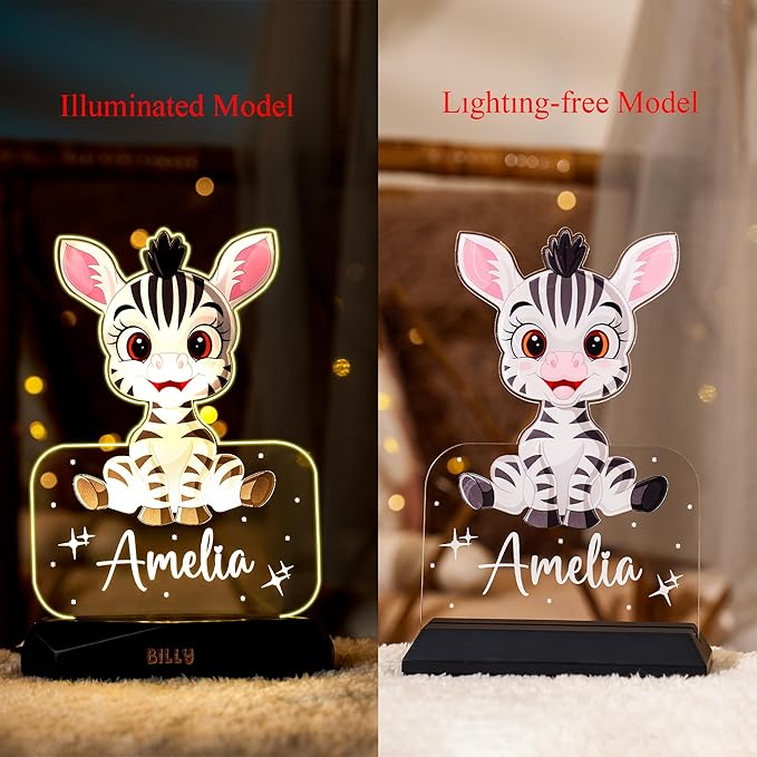 hun concept Personalized Kids Zebra Night Light – Custom Name LED Lamp for Nursery, Baby Room & Bedroom, Cute Animal Acrylic Night Lamp with Wooden Base, Unique Birthday & Christmas Gift for Children