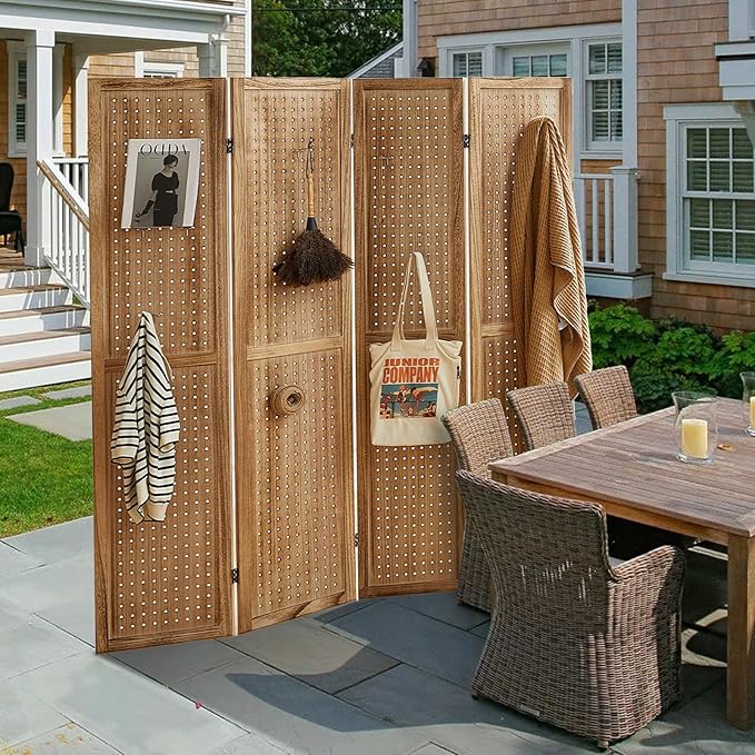 Asnefeli Pegboard Display Room Divider with 16 Hooks, 4 Panel 5.6Ft Wood Room Divider Folding Privacy Screen, Portable Freestanding Wall Organizer for Retail Craft Art Display Board, Natural