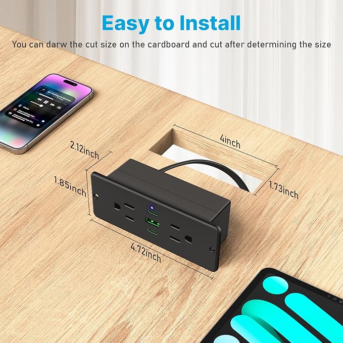 CCCEI Recessed Power Strip with Outlet and 45W USB C Ports, Furniture Flush Mount Power Strip, Small Desk Hidden Outlet for Conference Table, Nightstand, Black, 6FT.