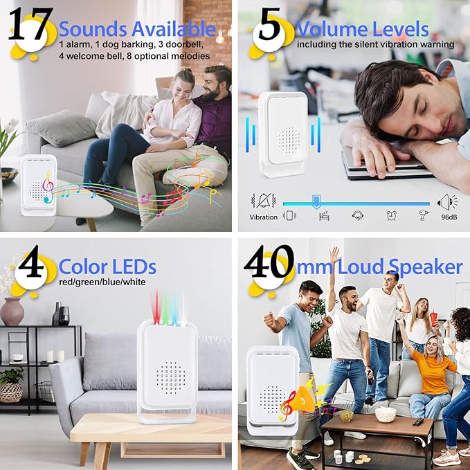 Motion Sensor Alarm Motion Detector Alarm Doorbell Indoor Alarms Business Door Entry Chime Multifunctional Door Alarms Wireless Detector with LED Indicator & Vibration (1 Sensor + 2 Receiver)