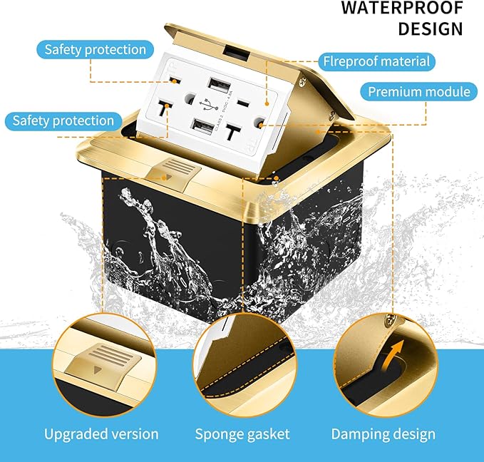 Vagueior Pop Up Floor Electrical Outlet Stainless Steel Box Kit, 5V/4.8A USB Outlet, 20A Tamper-Resistant Receptacle Outlet, Waterproof Power Socket, ETL Certified，Gold（1Pack