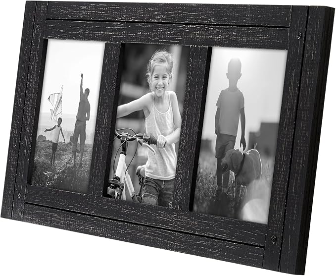 Americanflat Hinged 4x6 Triple Picture Frame with 3 Photo Openings and Polished Glass - Distressed Wood Collage Picture Frames for Tabletop and Wall Display - Hampton Collection - Charcoal Black