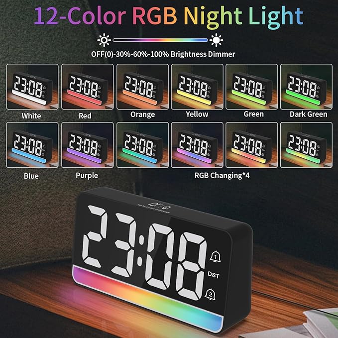 Alarm Clocks for Bedrooms, Digital Bedside Clock with RGB Night Light, Adjustable Volume for Heavy Sleepers, USB Charger, Large Display, Modern Decor for Desk, Dimmable Alarm Clock for Kids(Black)