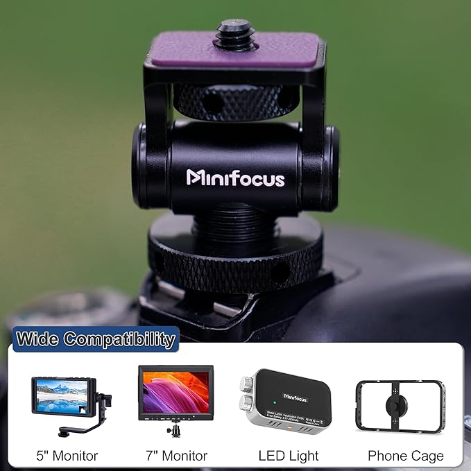 MINIFOCUS Camera Monitor Mount with Cold Shoe, 1/4" Screw for 5" & 7" Field Monitor, Swivel 360° and Tilt 160° Holder for Camera Phone Cage LED Video Light