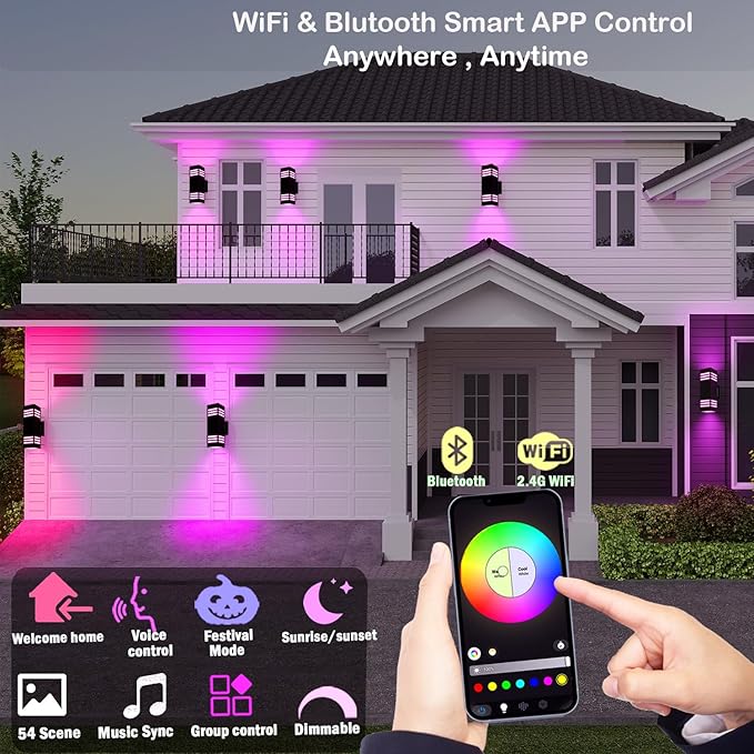 rosykite Smart Outdoor Sconce Lights 2 Pack, Up Down Wall Porch Lights RGB Color Changing WiFi APP Control, Dimmable LED Exterior Wall Lighting Fixtures Work with Alexa,No Hub Required,ETL Listed