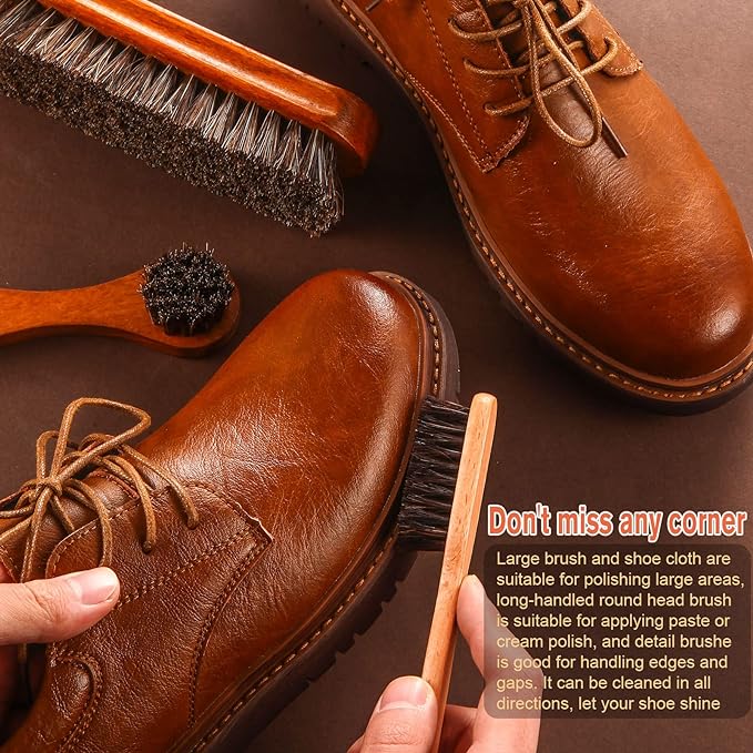 4 Pcs Horsehair Shine Shoes Brush Kit Polish Dauber Applicators Cleaning Leather Shoes Boots Care Brushes Suede Cleaner Brush with Microfiber Shoe Cloth(4 Pcs Style A)