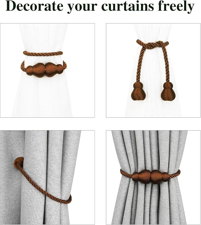 Nieffeiy Magnetic Curtain Tiebacks Outdoor Curtain Tie Backs Rope Decorative Magnetic Curtain Holders for Drapes Window Treatment Holdbacks, Coffee 4Pack