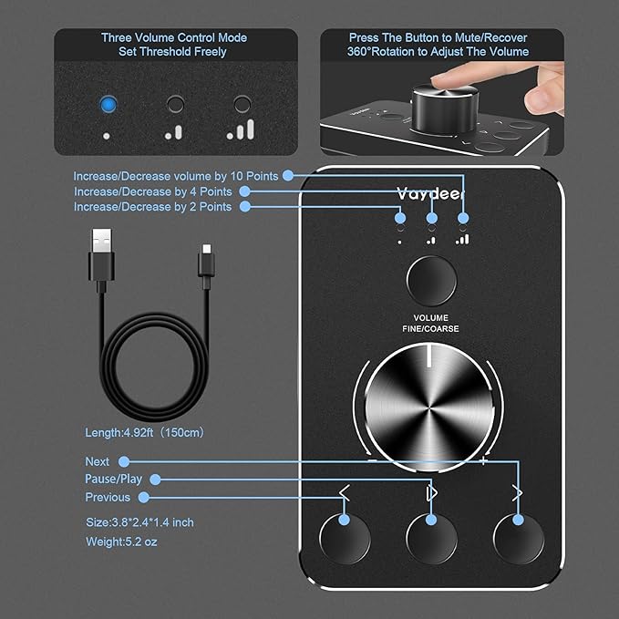 Vaydeer Volume Control Knob with One-Click Mute Function and 3 Volume Control Modes, USB Volume Knob Multimedia Controller for Win 7/8/10/Mac, Gift for Festivals Loved Ones