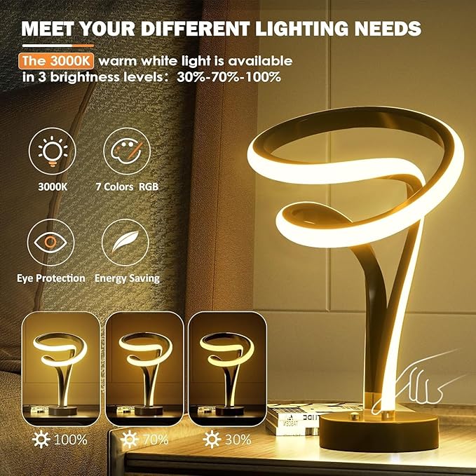 airnasa Spiral LED Table Lamp Set of 2-10 Color Modes, Touch Dimming, Modern Nightstand Lights for Bedroom & Living Room