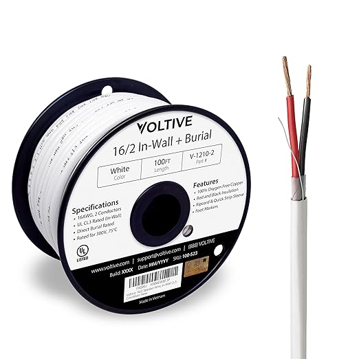 Voltive 16/2 Speaker Wire, in-Wall CL3 & Direct Burial, White, 100ft - 16AWG, 2 Conductors, Stranded Oxygen-Free Copper, UL Listed - V-1210-2