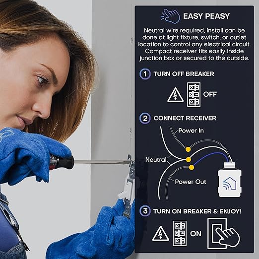RunLessWire 2 Fixture Battery-Free DIY Kinetic Wireless Light Switch Kit 150ft RF Range for Different Fixtures or Outlets: 1 Remote Switch Controls 2 5A On/Off Receivers Simultaneously – Light Almond