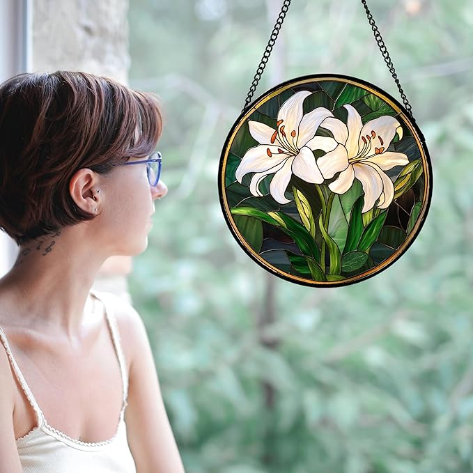 CRISGIF Stained Glass Window Hanging, White Lily Suncatcher for Door Garden Patio Birth Flower Green Plant Sun Catchers Decor Christmas Mother's Day Birthday Gifts for Women Mom Nana Friend 6.3 in