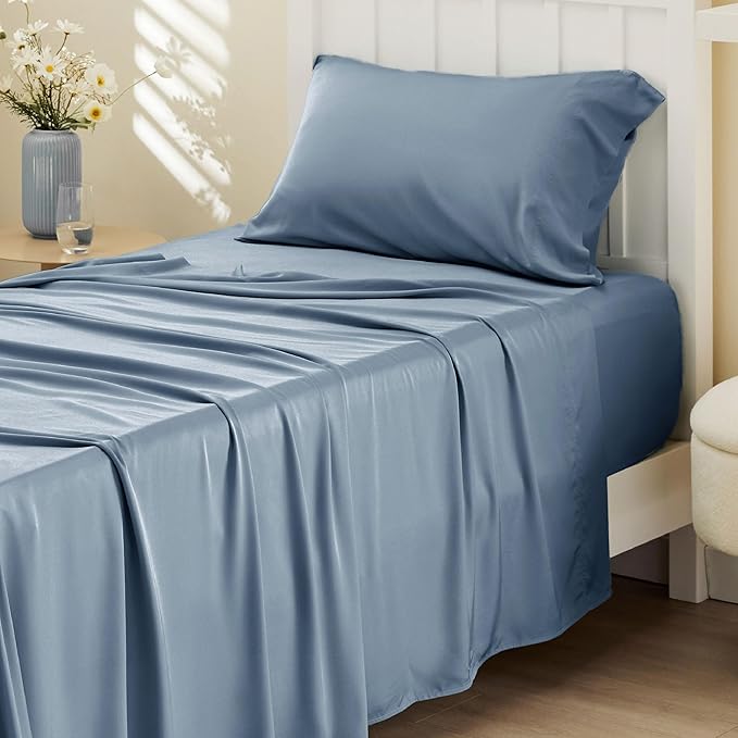 Bedsure Cooling Sheets Twin XL, Rayon Derived from Bamboo, Breathable & Soft Twin XL Sheet Sets, Deep Pocket Up to 16 Inches, Hotel Luxury Silky Dorm Bedding for Hot Sleepers, Dusty Blue
