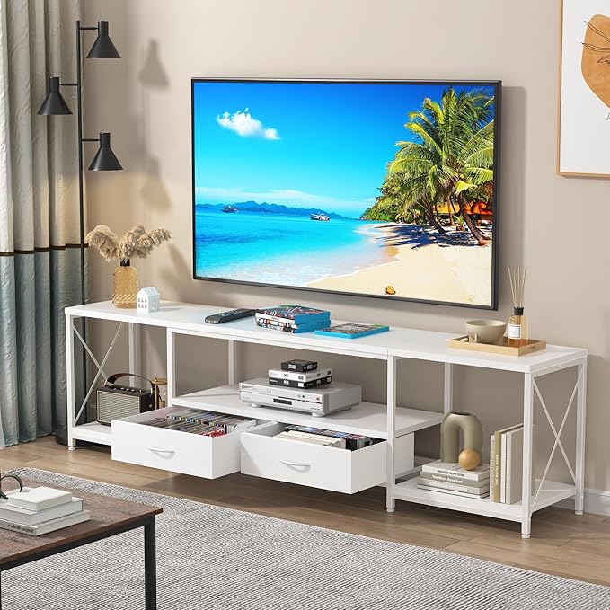 GYIIYUO TV Stand with Fabric Drawer for 65 70 75 Inches TV - Entertainment Center and Industrial TV Console Table with Open Storage Shelves for Living Room, Bedroom - 63" White