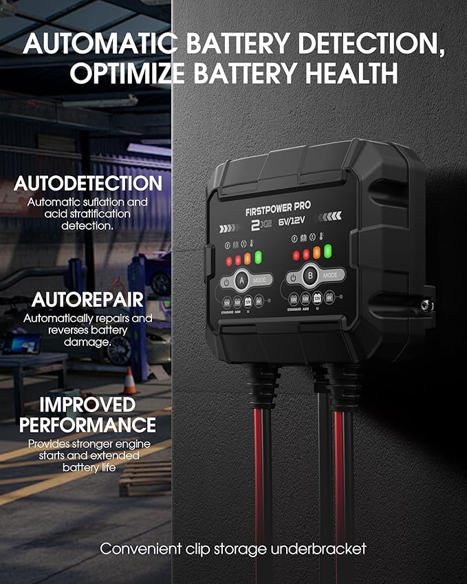 2-Bank, 4A (2A/Bank) Trickle Charger for Car Battery, 12V 6V Car Battery Charger, Automotive Battery Trickle Charger, Maintainer, for Motorcycle Lawn Mower AGM, Lithium Batteries-1PC