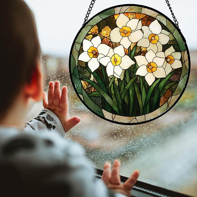 CRISGIF Stained Glass Window Hanging, White Lily Suncatcher for Door Garden Patio Birth Flower Green Plant Sun Catchers Decor Christmas Mother's Day Birthday Gifts for Women Mom Nana Friend 11.8 in