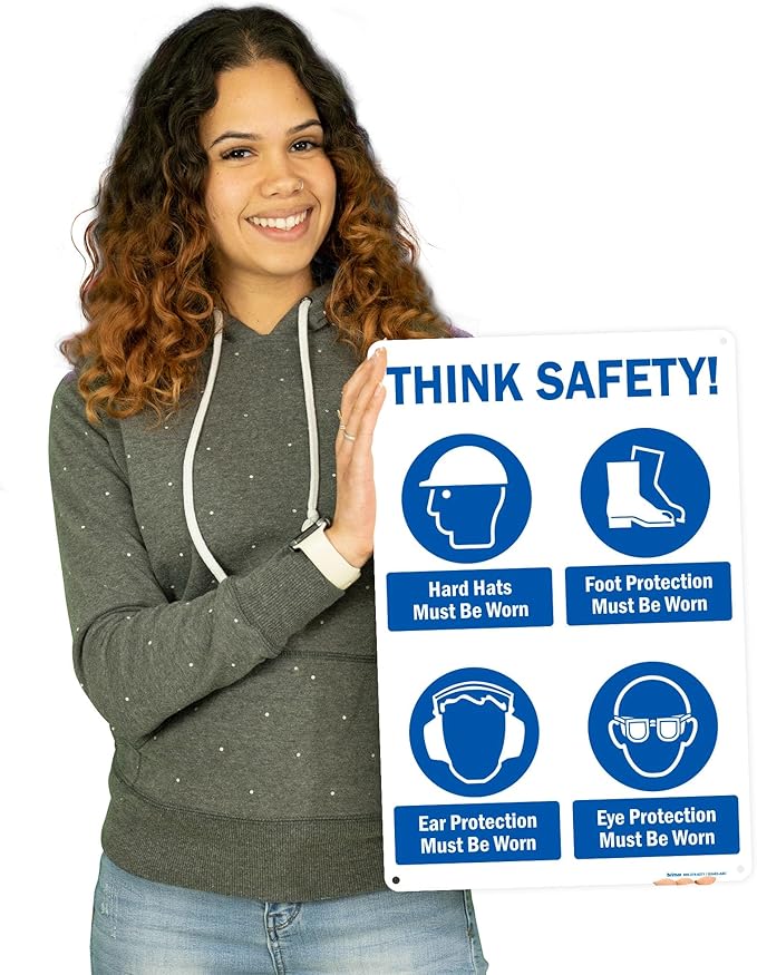 Brimar - 12" x 18" - Think Safety PPE Must Be Worn Sign - .063″ White Rust-Free Aluminum - Comprehensive Message - Easy Installation