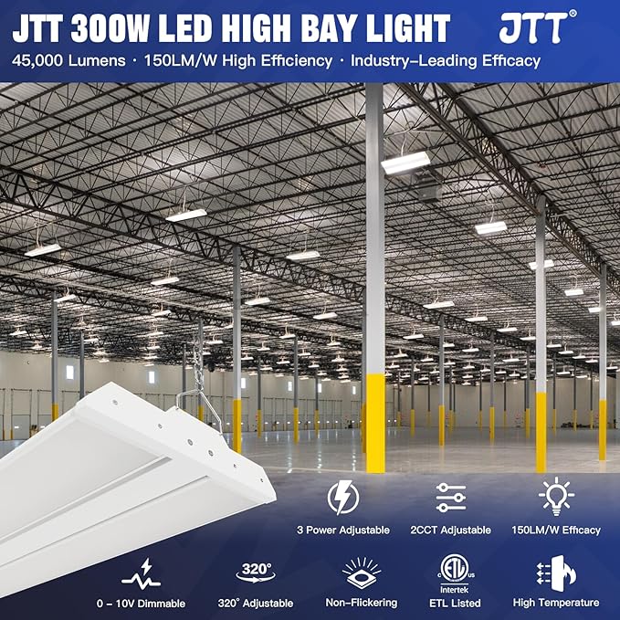 JTT LED Linear High Bay Light 300/240/200W,3FT 45000LM Linear Shop Light Commercial 120-277V,4000/5000K High Bay Lights Shop Workshop Store Commercial Supermarket Warehouse Basement,2-Pack ETL