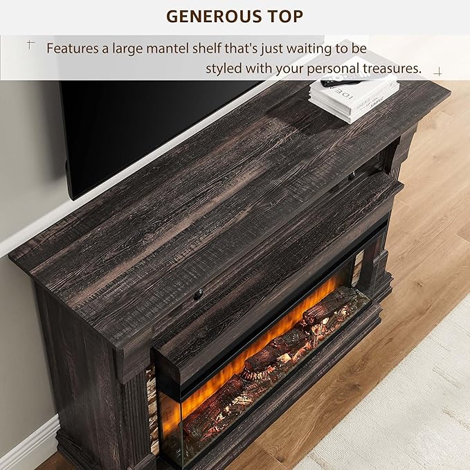 OKD 52 Inch Electric Fireplace with Mantel, Fireplace TV Stand with 36" 3-Sided Glass Electric Fireplace Heater for Living Room, Dark Rustic Oak