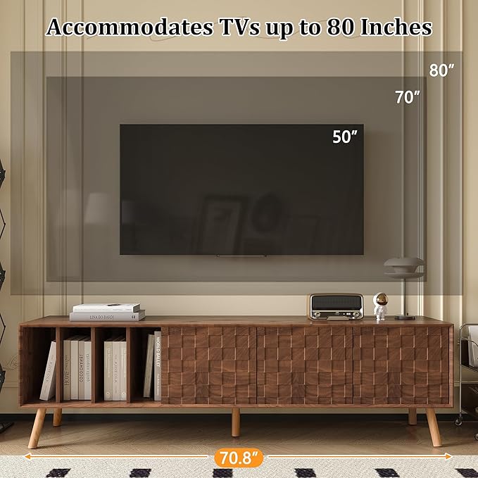 Virubi Mid-Century Modern TV Stand, Entertainment Center with 3 Doors and Open Shelf, Media Console for TVs up to 80 Inch, Television Stands with Cable Management for Living Room