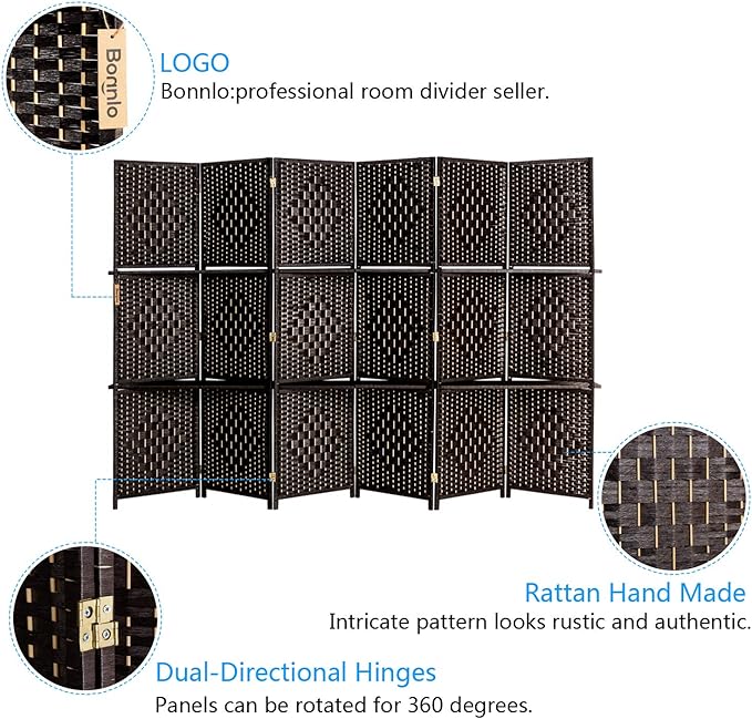 Bonnlo Upgraded Heavy Duty 6FT Tall Rattan Room Divider Screens with Partition Wall 2 Display Shelves, Indoor Folding Screen Dual-Sided Hinges for Home Office (6 Panels)